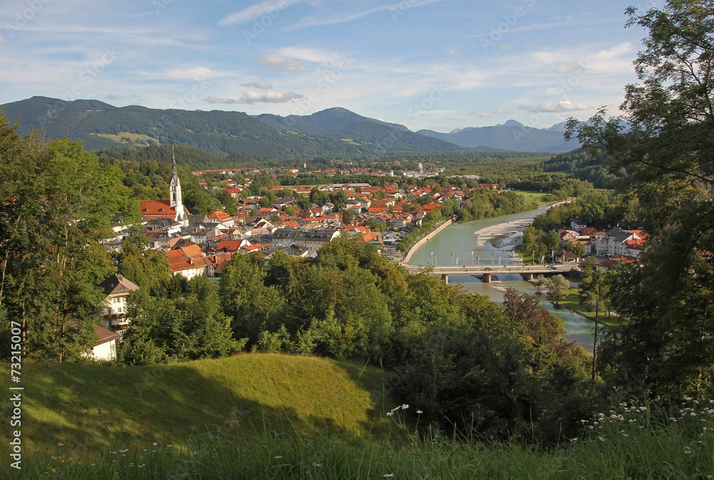 view to bad tolz and the alps, bavarian landscape, germany