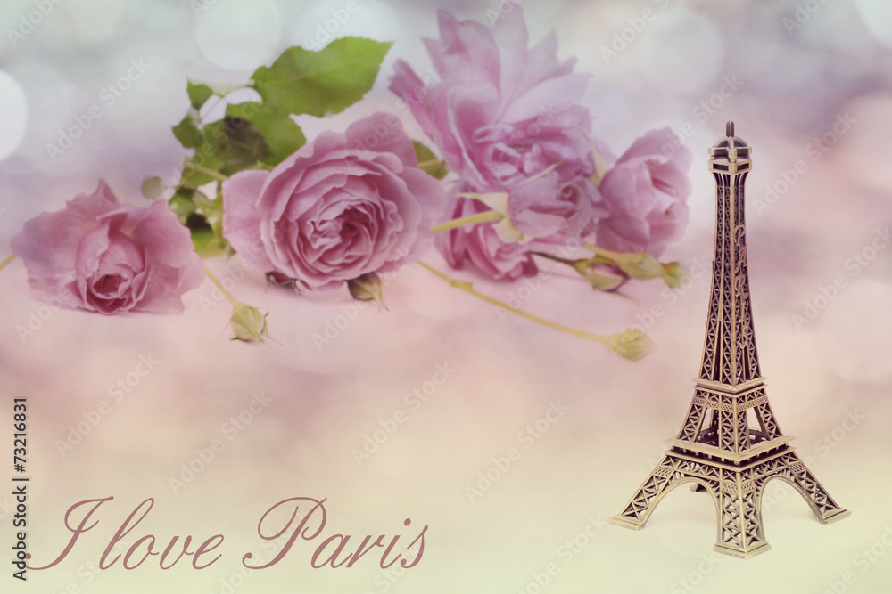 vintage pink background with roses and Eiffel tower