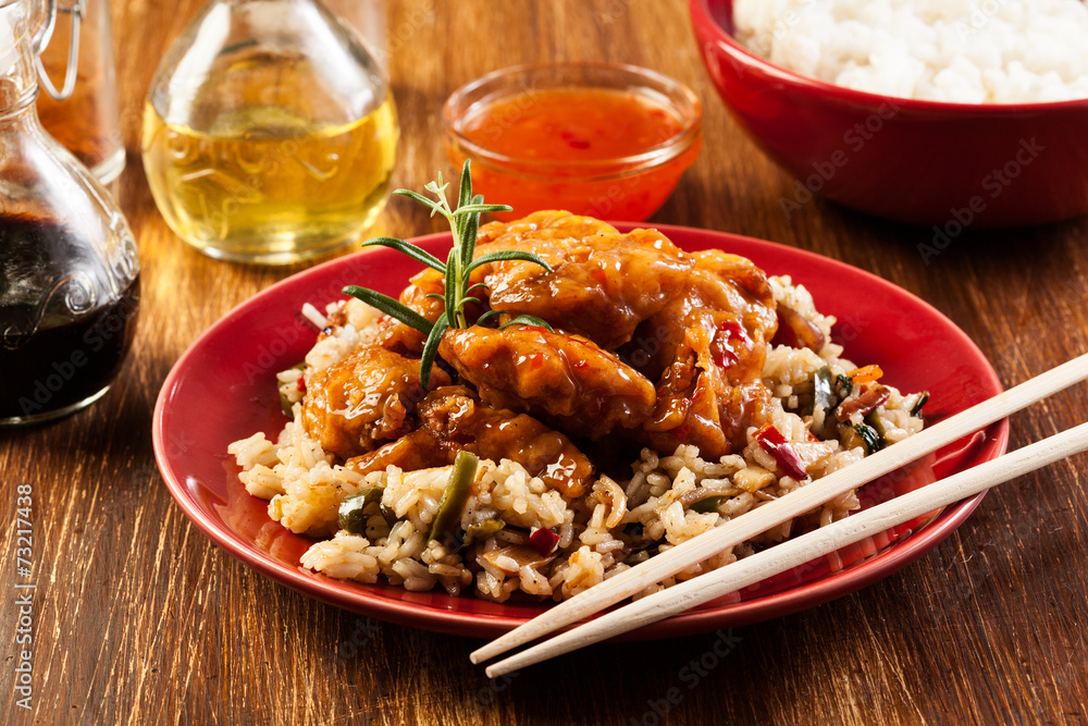 Fried chicken with rice and sweet and sour sauce Fried chicken with rice and sweet and sour sauce