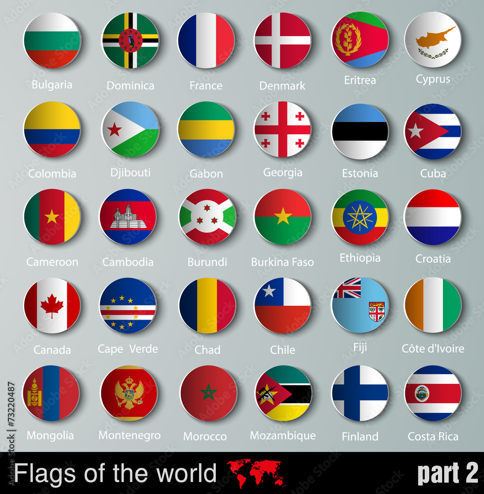 Flags of all countries  with shadows