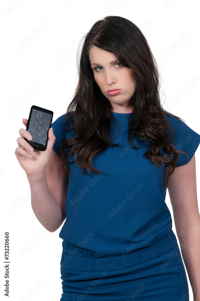 Woman with cracked phone screen Woman with cracked phone screen
