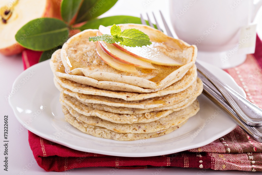 Stack of vegan pancakes with almond milk Stack of vegan pancakes with almond milk