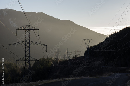 Misty dawn view of electrical distribution wires