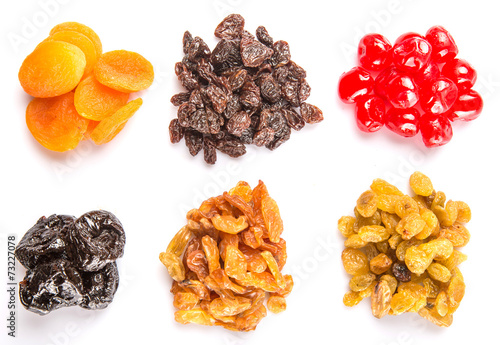 Mix dried fruit variety over white background