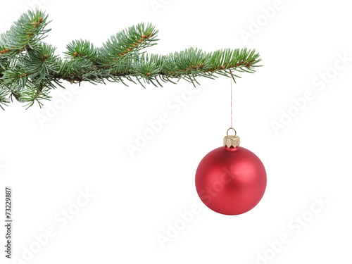 red satin glass ball hanging on christmas branch