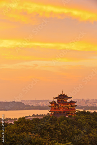 Hangzhou traditional building   scenery in  at dusk