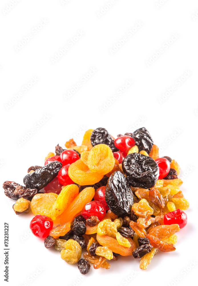 Mix variety of dried fruit over white background Mix variety of dried fruit over white background