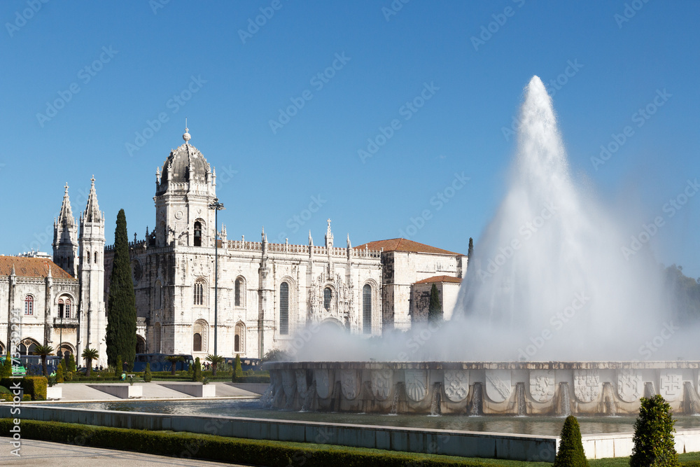 Empire Square fountain and Hieronymites Monastery in Lisbon