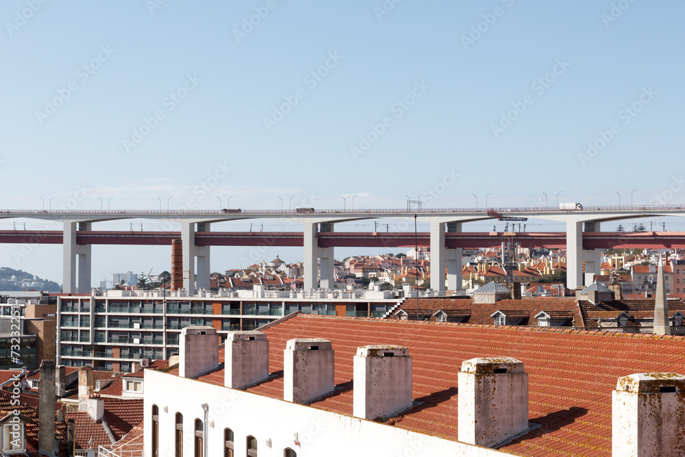 25 de Abril Bridge close-up and Lisbon cityscape
