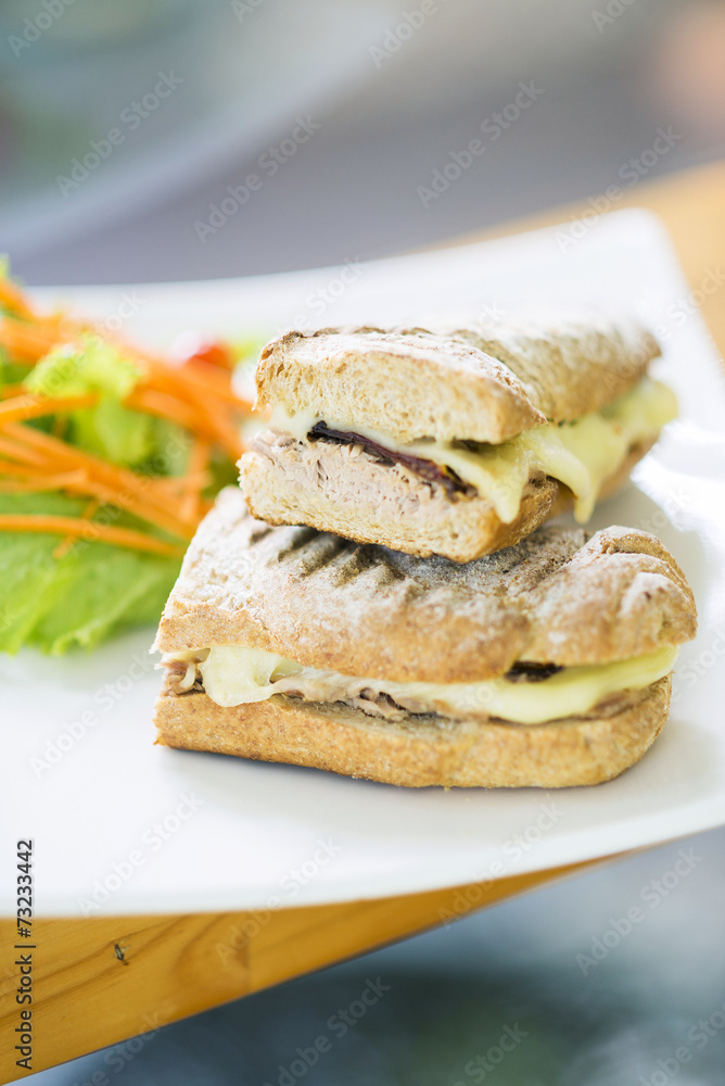 vegetarian tuna and cheese toasted baguette sandwich