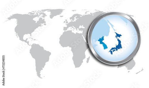 World map with Japan, Korea magnified by loupe