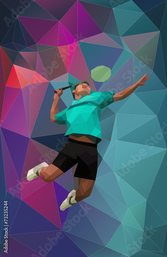 Vector badminton player on triangular background during smash