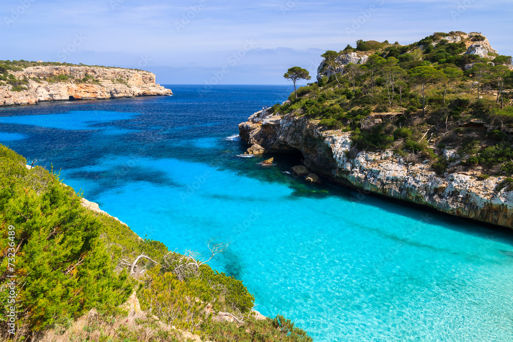 Fototapeta premium Beautiful beach azure sea water, Cala des Moro, Majorca island