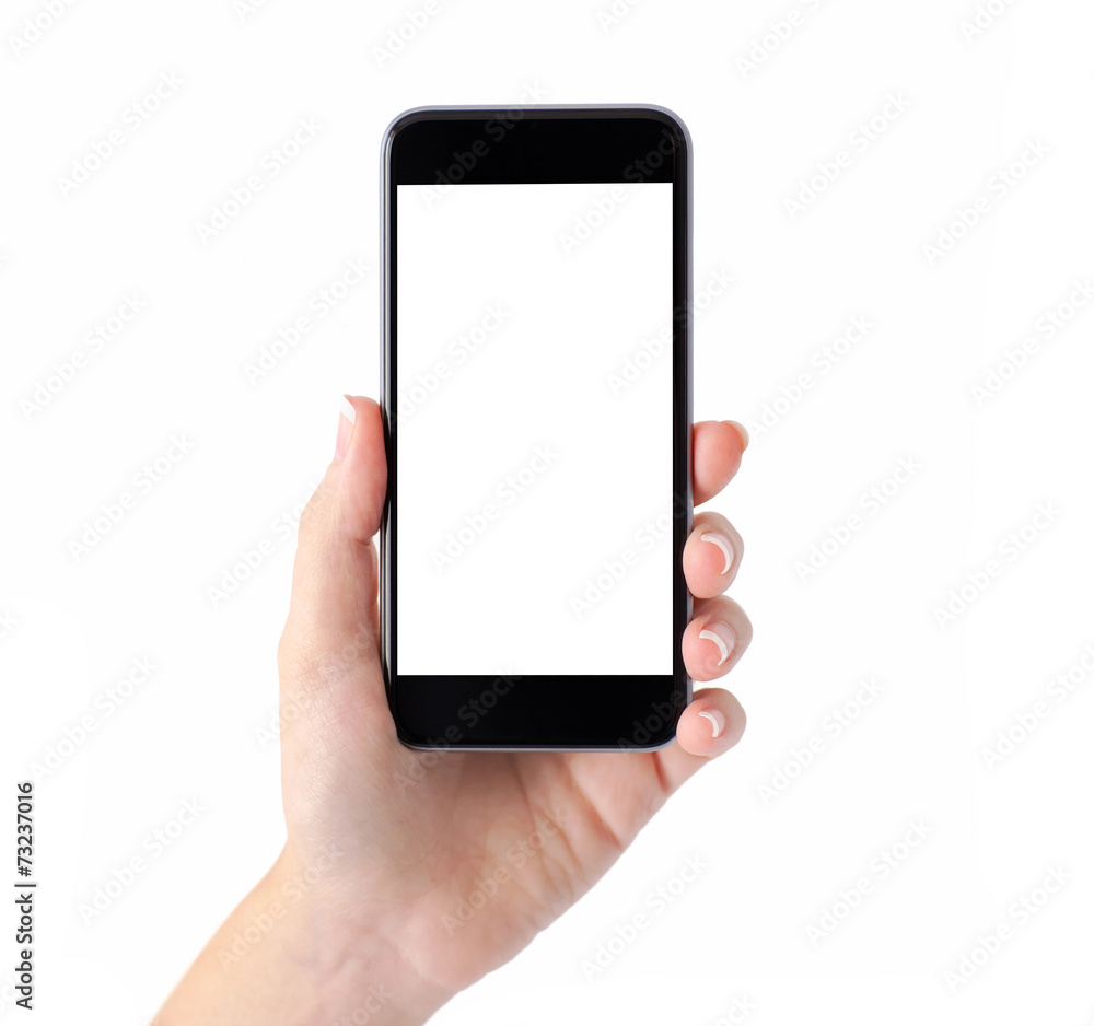 Isolated female hand holding a phone with white screen Isolated female hand holding a phone with white screen