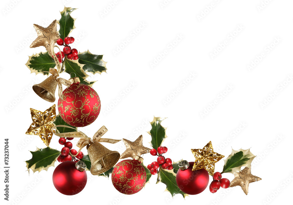 Navidad, adorno navideño, bolas, campanas, acebo, fondo blanco Stock Photo  | Adobe Stock