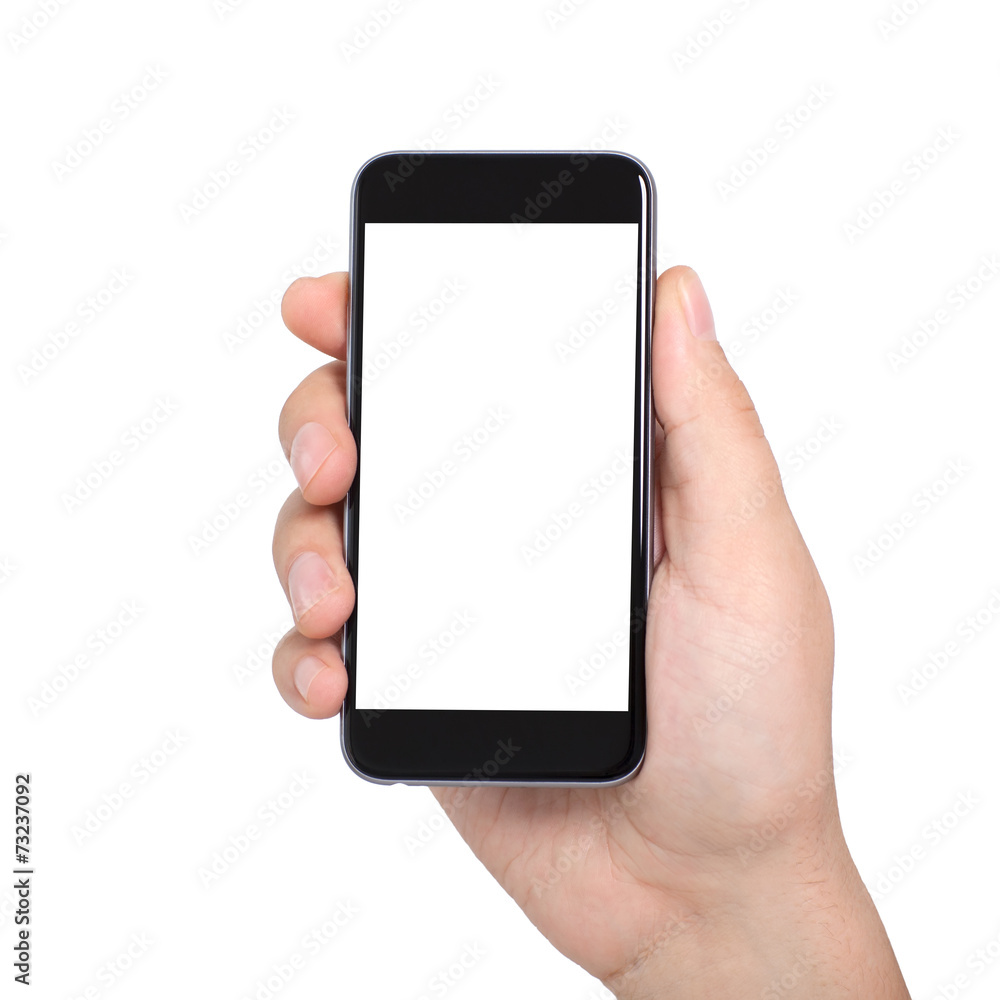 Isolated male hand holding a phone with white screen Isolated male hand holding a phone with white screen