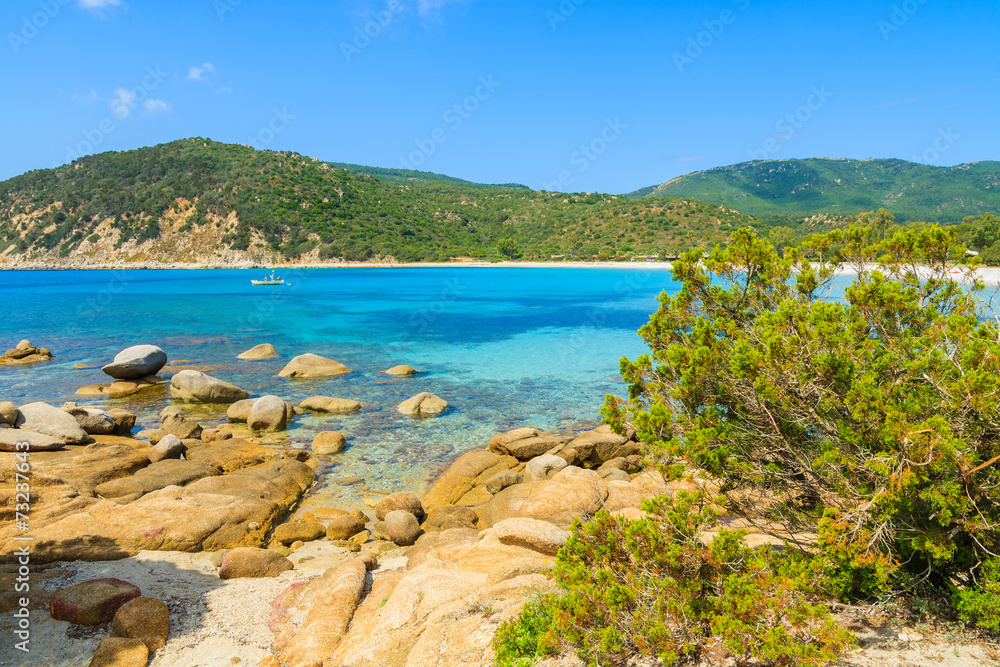 Idyllic paradise Cala Pira beach and azure sea water, Sardinia