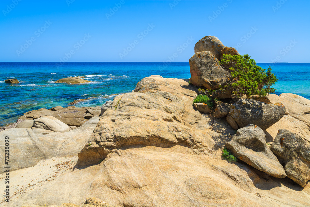 Rocks on coast of Sardinia island near Peppino beach, Italy