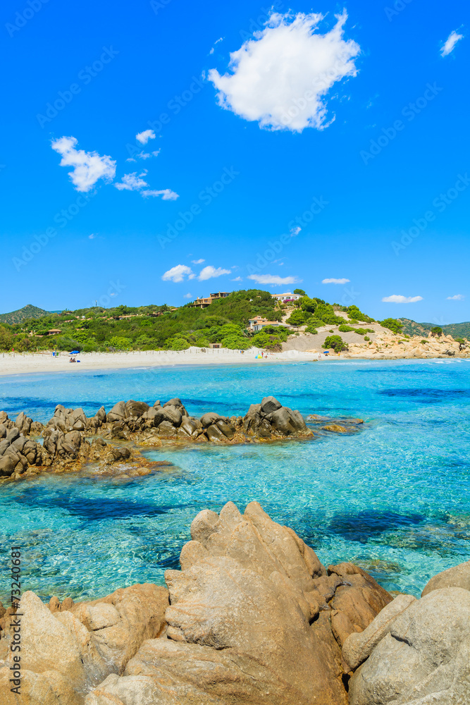 Rocks and azure sea water of Porto Giunco beach, Sardinia island