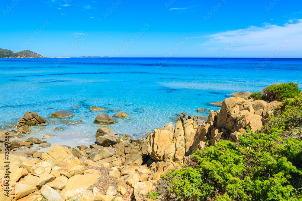 Turquoise sea water on coast of Porto Giunco bay, Sardinia
