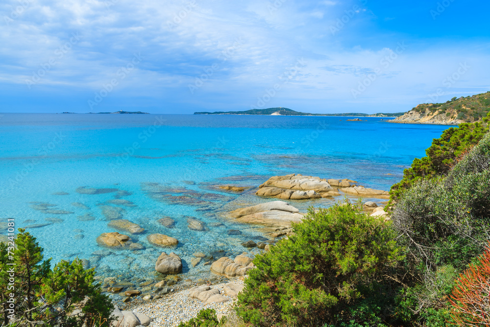 Rocks in sea water of Punta Molentis bay, Sardinia island