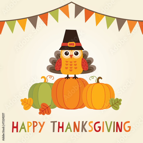 happy thanksgiving card owl turkey costume bunting flags