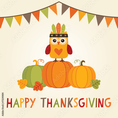 happy thanksgiving card owl cute costume bunting flags