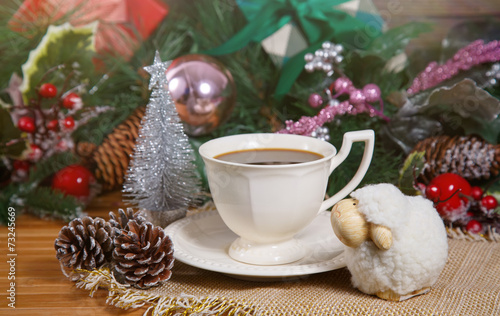 New Year composition with cup,coffee and decorations