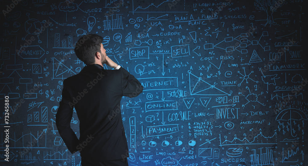 Drawing businessman with economy project background Drawing businessman with economy project background