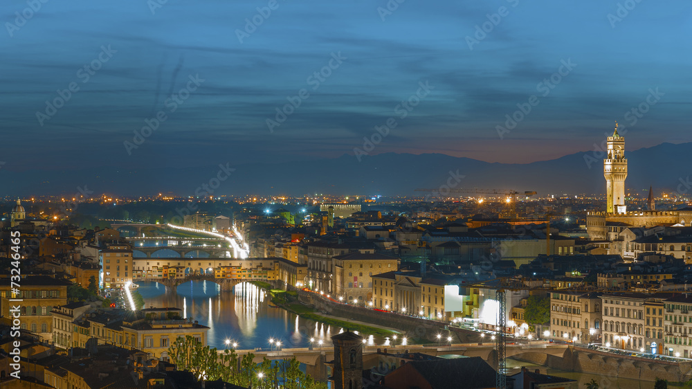 Florence city during sunset. Panoramic view to the river Arno