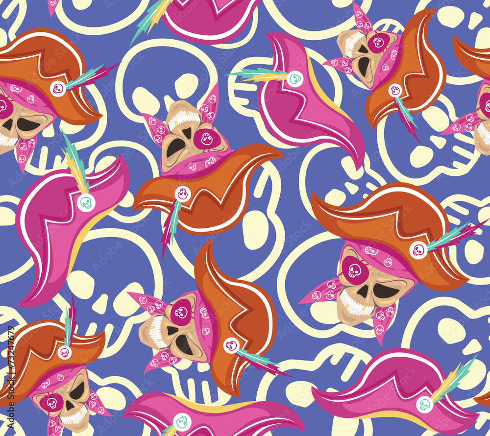 Seamless texture with skull and pink pirate hat. Seamless texture with skull and pink pirate hat.