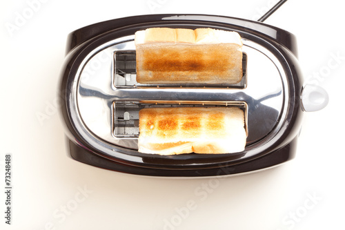 Black toaster, two toasted slices of bread