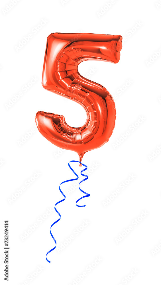 Roter Luftballon mit Geschenkband - Nummer 5 - obrazy, fototapety, plakaty 