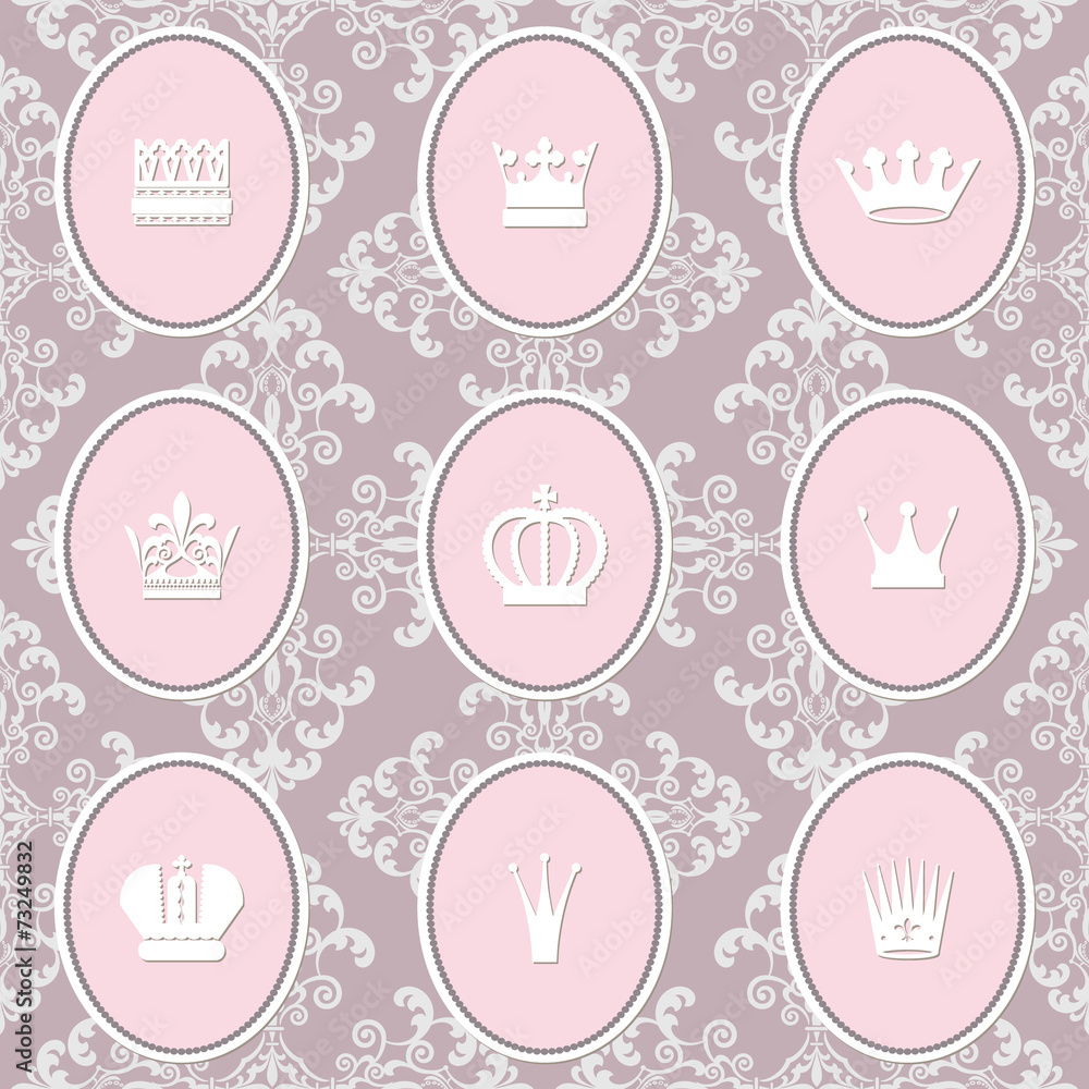 Fototapeta premium Seamless pattern with crowns on damask.