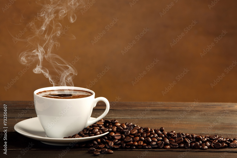 Black coffee in white cup with smoke and coffee beans on brown b - obrazy, fototapety, plakaty 
