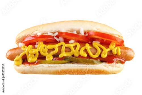 Hot dog with cucumber and tomato , isolated