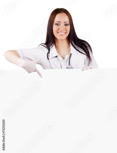 Woman doctor with placard. Isolated.