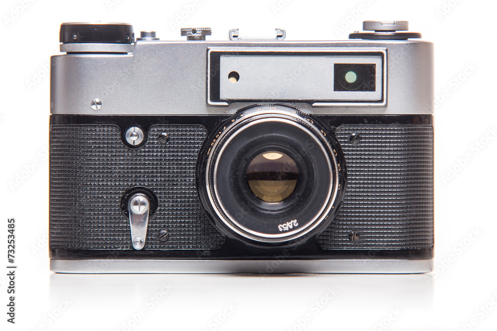 Classic 35mm old analog camera on white