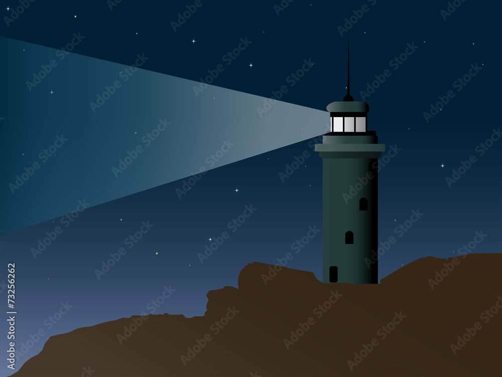 Lit Lighthouse on a Very Rocky Shore
