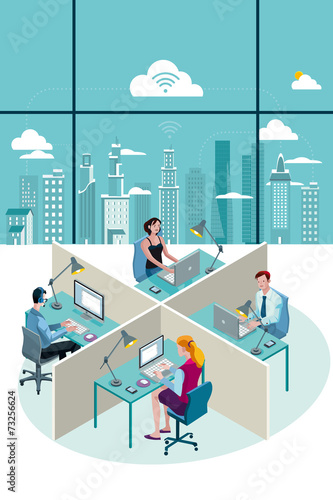 Office Workers Sitting and City