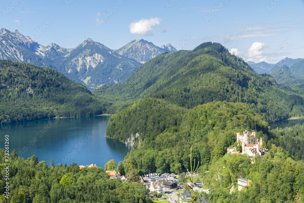 Bavarian Alps landscape, green forests and Hohenschwangau Castle