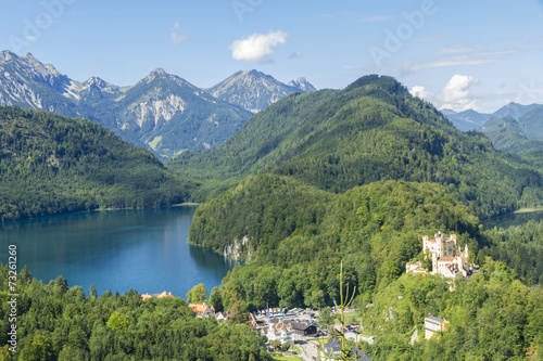 Bavarian Alps landscape  green forests and Hohenschwangau Castle
