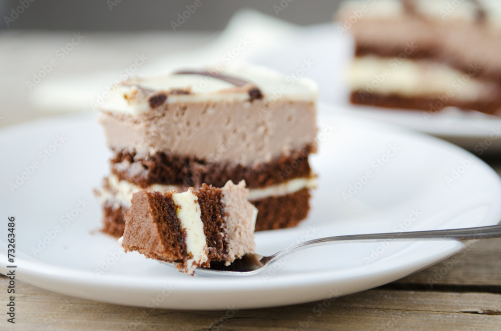 piece of chocolate cake on a white plate piece of chocolate cake on a white plate