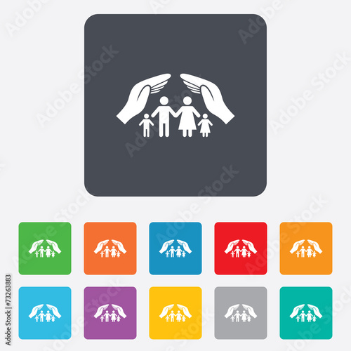 Family life insurance sign icon. Hands protect. © blankstock
