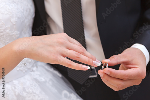 Hand of the groom and the bride with wedding rings at a wedding