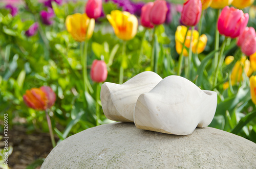 wooden shoes in Dutch tulips garden