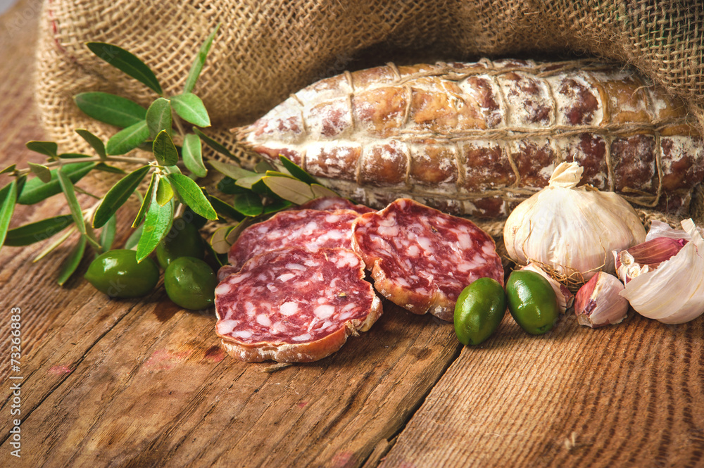 Sausage salami in a rural setting Sausage salami in a rural setting