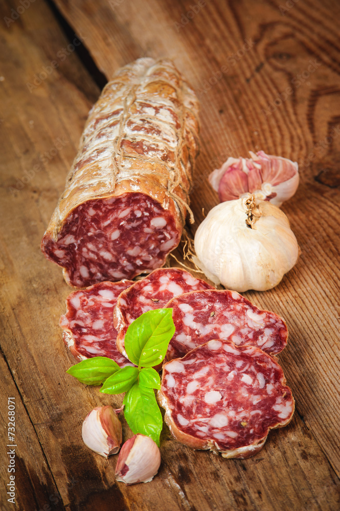 Sausage salami in a rural setting Sausage salami in a rural setting