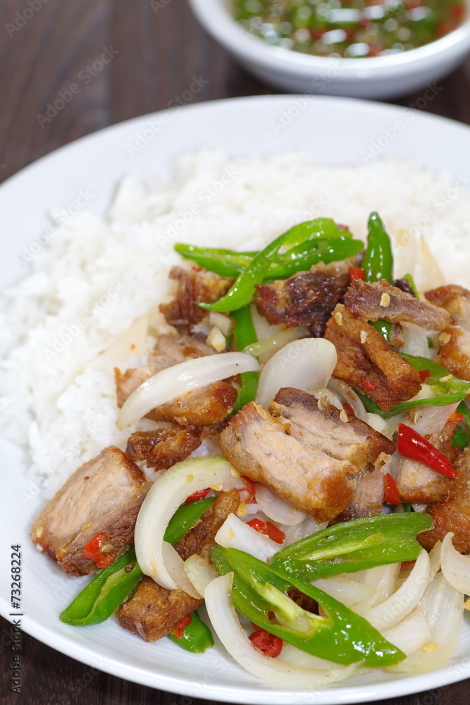 fried basil leaf with crispy pork and rice fried basil leaf with crispy pork and rice