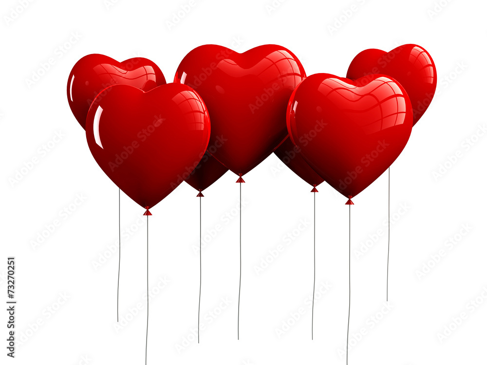 Red heart balloons on white background